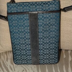 Vintage Coach  blue/Teal  Sig C Canvas With Gray Suede And Black Leather Trim -